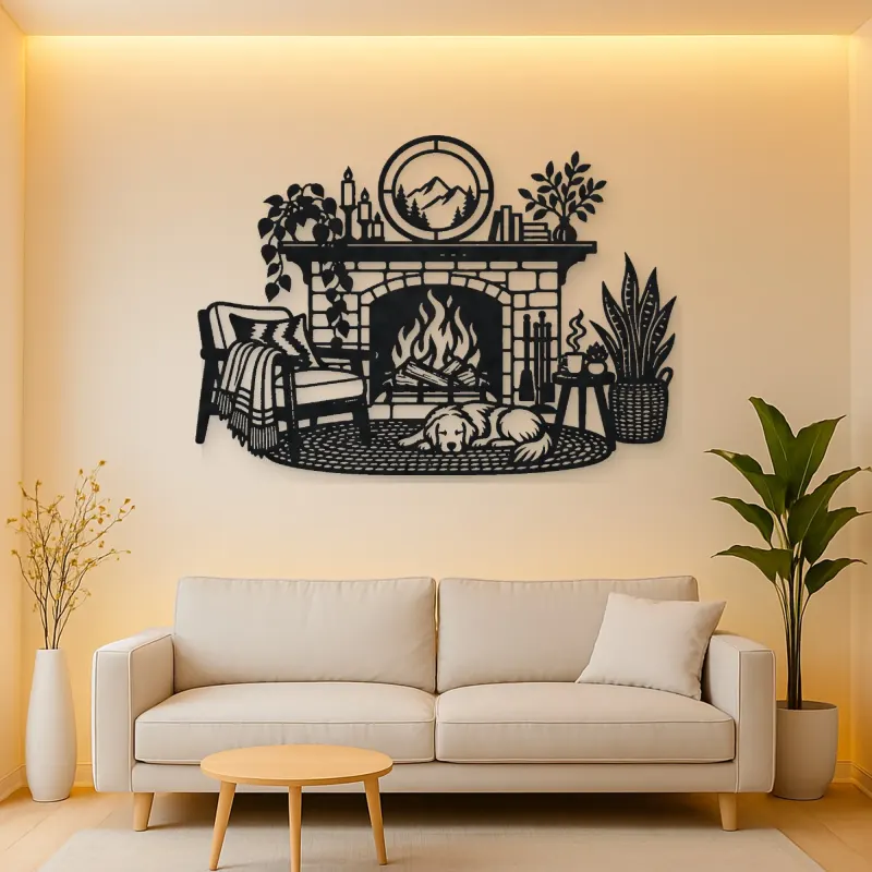 Modern Fireplace Scene Metal Wall Art | Cozy Home Metal Decor