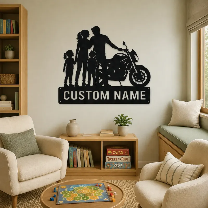 Personalized Modern Motorcycle Family of Four Metal Wall Art - lifestyle view 4