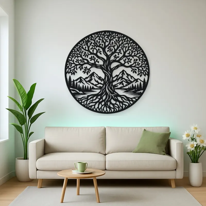 Tree and Mountain Circle Metal Wall Art | Botanical Metal Wall Decor