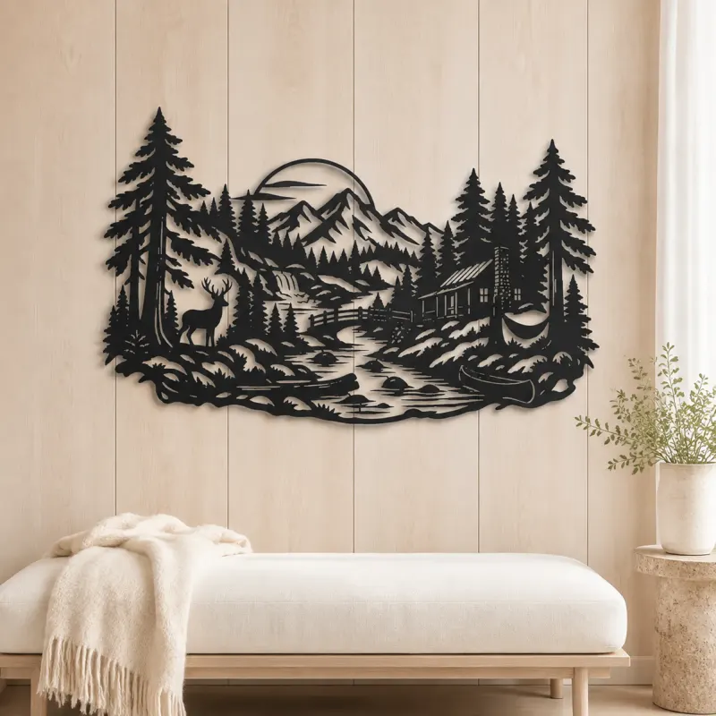 River through the Forest Metal Wall Art | Nature Silhouette Decor - lifestyle view 5