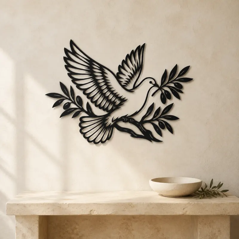 Dove Olive Branch Metal Wall Art | Wildlife Silhouette Decor - lifestyle view 3