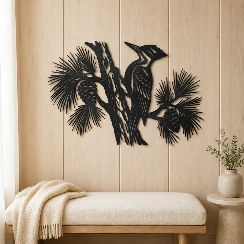 Woodpecker Pine Metal Wall Art | Wildlife Silhouette Decor - lifestyle view 5
