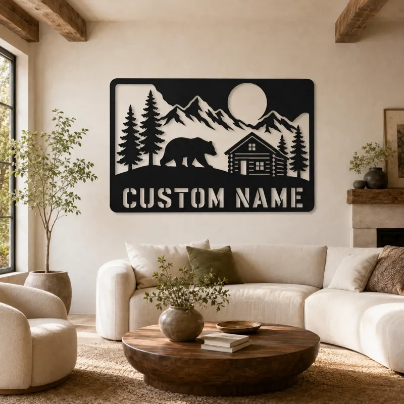 Décoration murale en métal personnalisée Ours et Cabane en Bois
