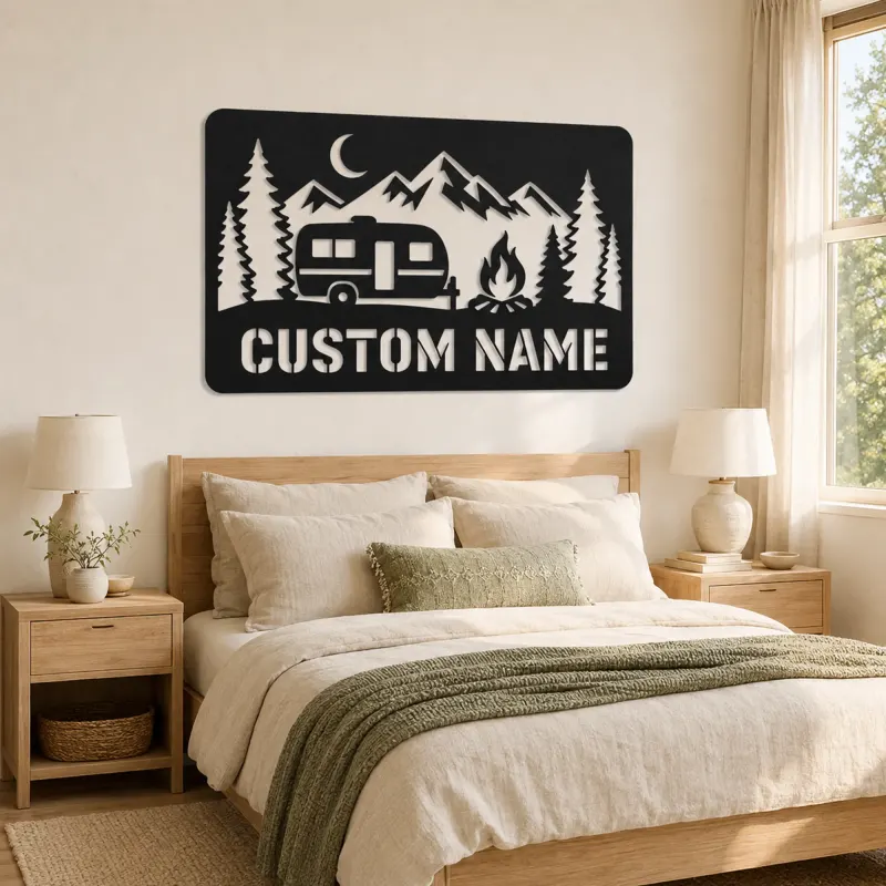 Personalized Travel Trailer Metal Wall Art with Campfire - lifestyle view 2
