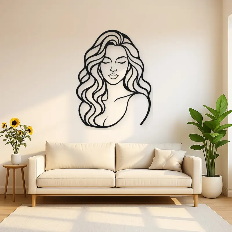 Wavy Hair Beauty Metal Wall Art | Minimalist Woman Line Art