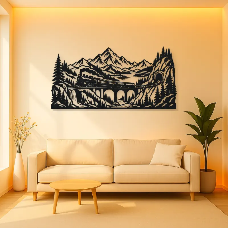 Train through Mountains Metal Wall Art | Travel and City Wall Decor