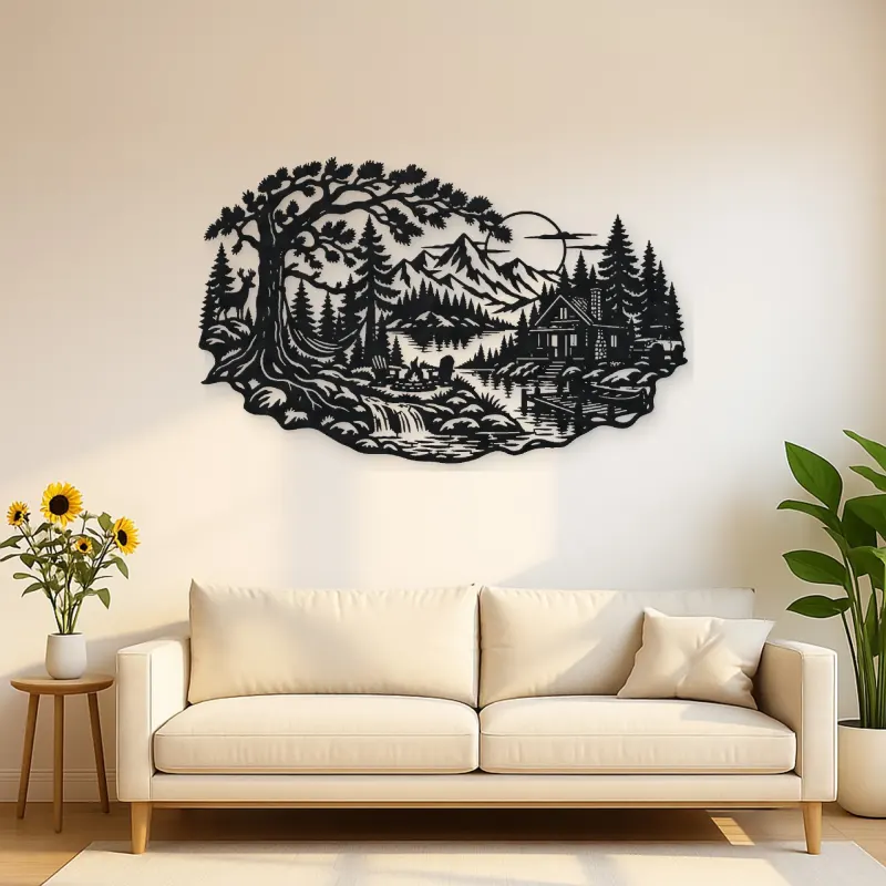 Forest Cabin Retreat Metal Wall Art | Nature Silhouette Decor