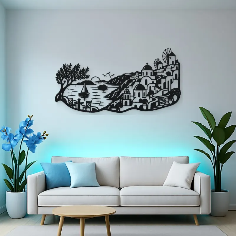Santorini Coastal Line Metal Wall Art | Travel and City Wall Decor
