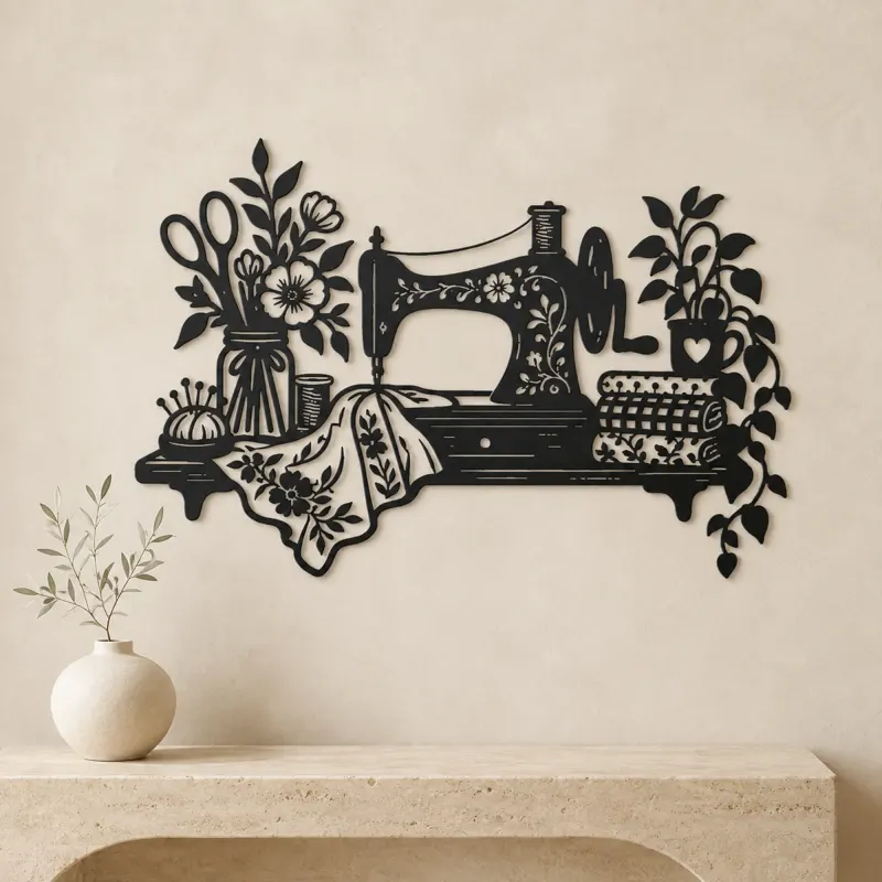 Sewing Machine Floral Metal Wall Art | Botanical Metal Wall Decor - lifestyle view 3