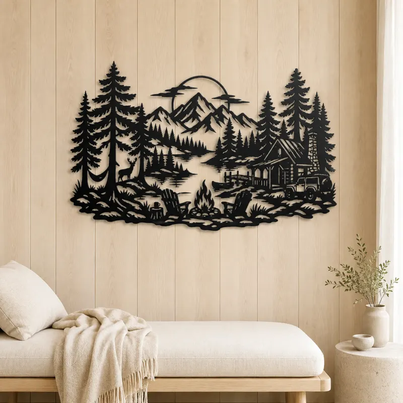 Campfire in the Pines Metal Wall Art | Nature Silhouette Decor - lifestyle view 5