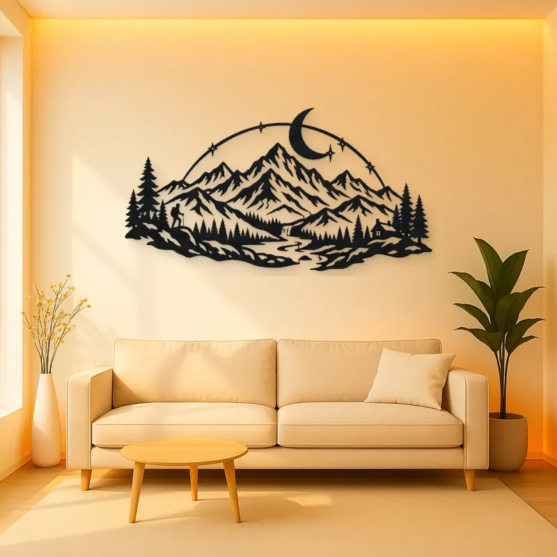 Moonlit Mountain Arc Metal Wall Art | Nature Silhouette Decor