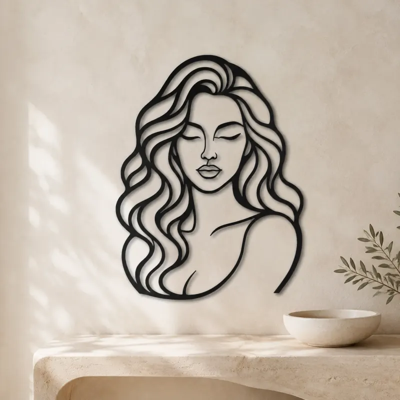 Wavy Hair Beauty Metal Wall Art | Minimalist Woman Line Art - lifestyle view 3