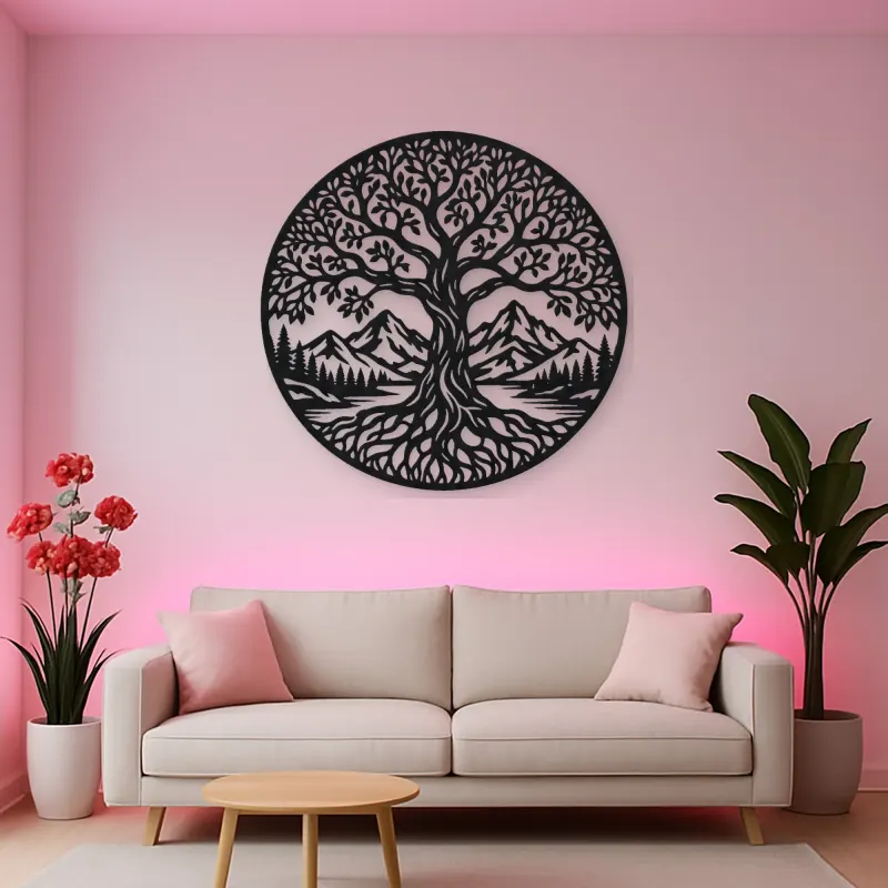 Tree and Mountain Circle Metal Wall Art | Botanical Metal Wall Decor