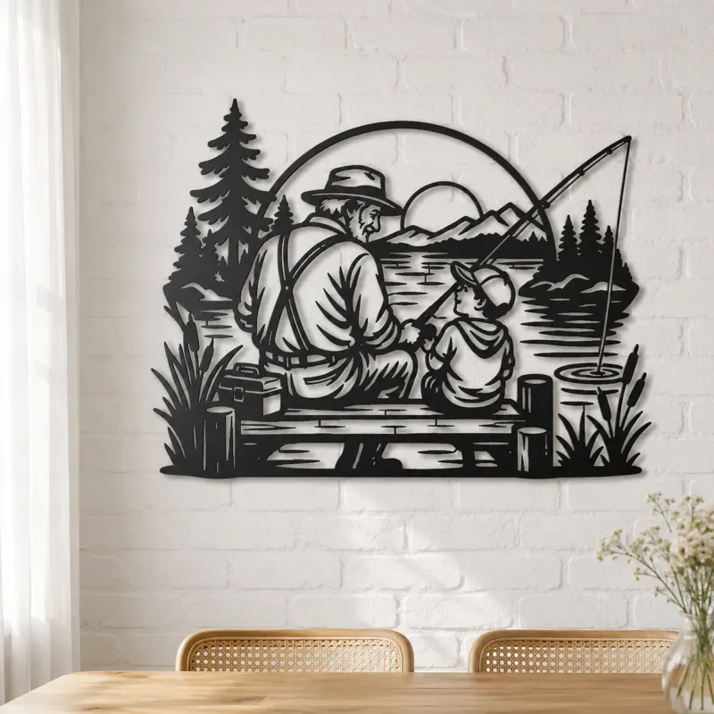Grandfather Grandson Fishing Metal Wall Art | Family Silhouette Decor - lifestyle view 4