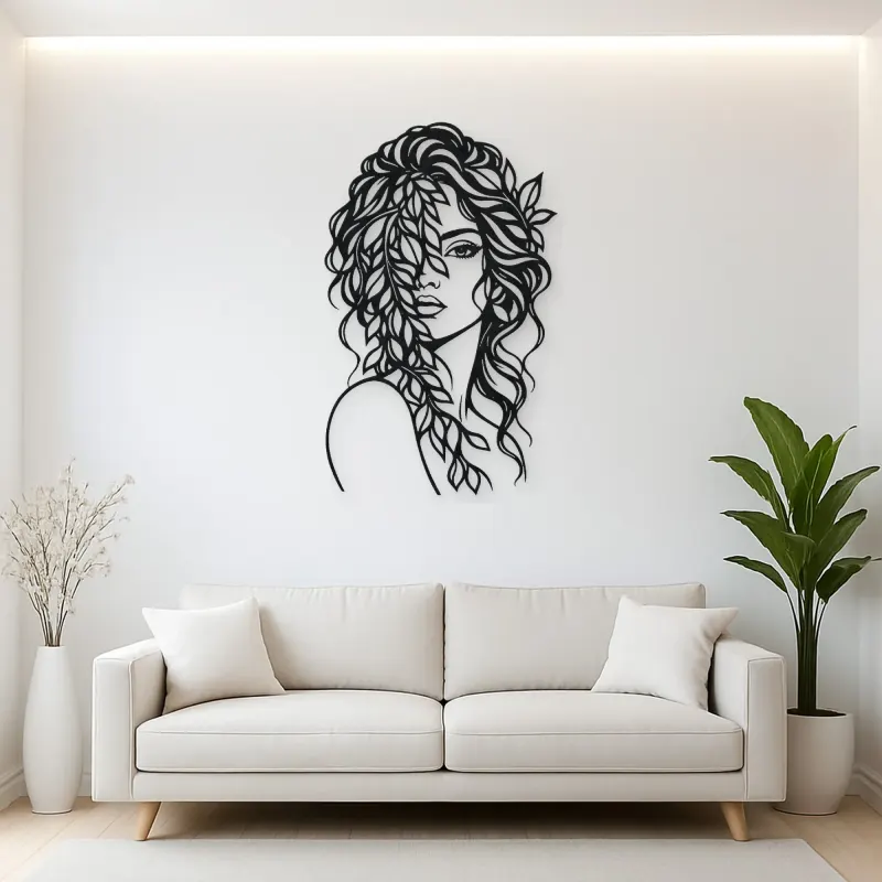 Leaf Veil Face Metal Wall Art | Minimalist Woman Line Art
