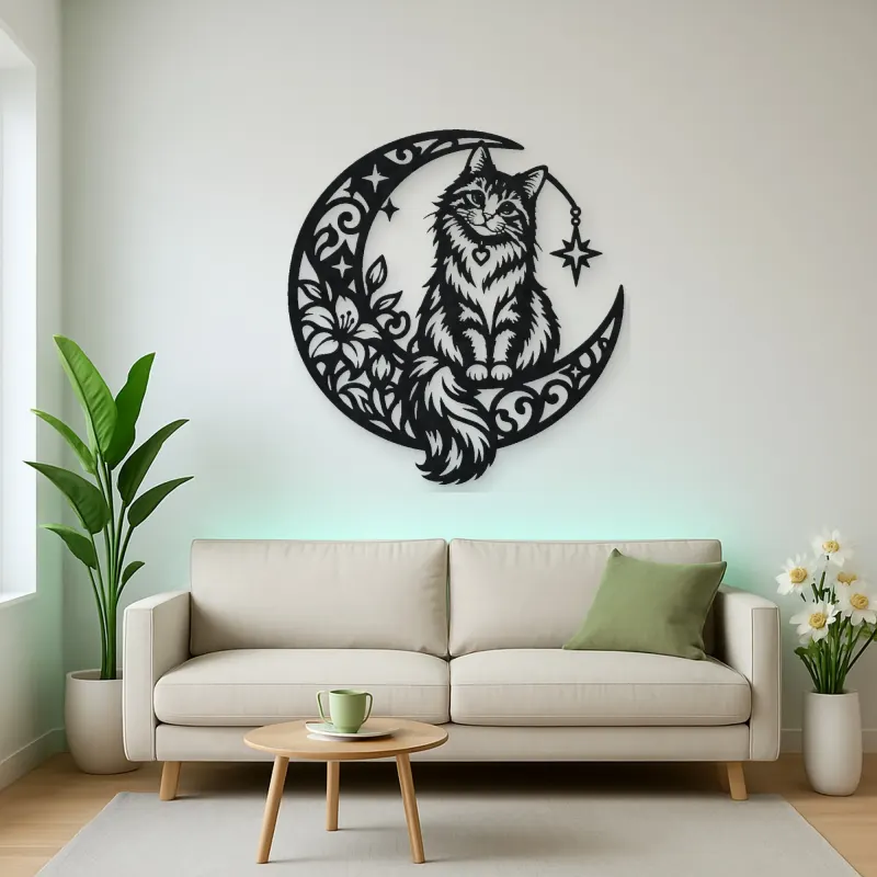 Cat on Moon Arc Metal Wall Art | Pet Lover Silhouette Decor