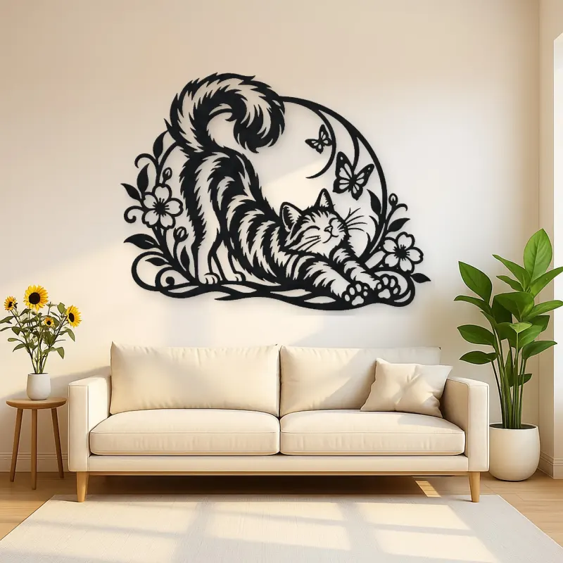 Cat Stretch Flow Metal Wall Art | Pet Lover Silhouette Decor