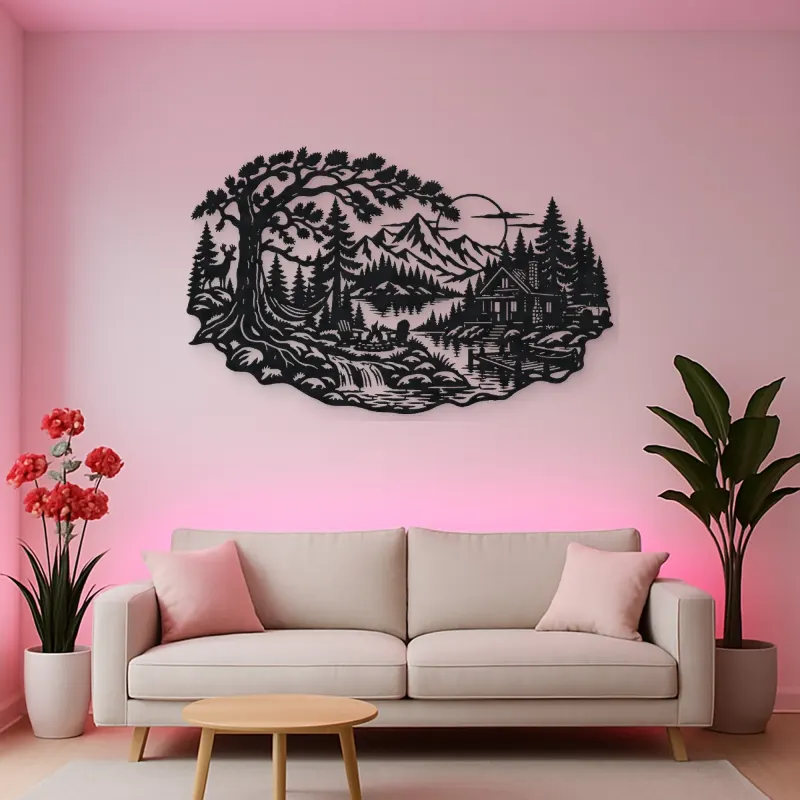 Forest Cabin Retreat Metal Wall Art | Nature Silhouette Decor
