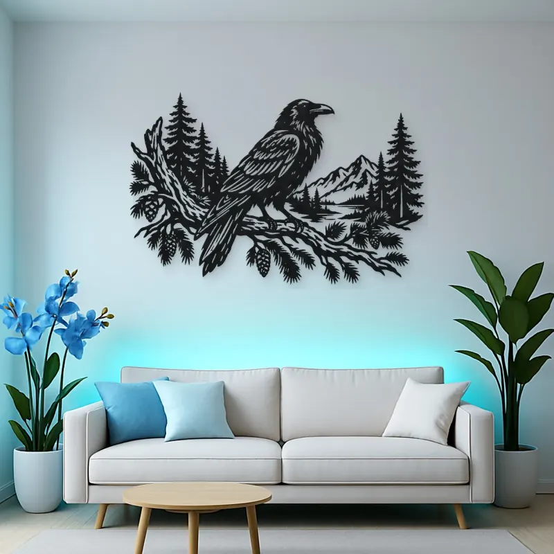 Raven Forest Branch Metal Wall Art | Wildlife Silhouette Decor