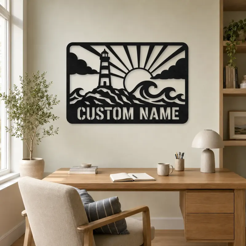 Personalized Lighthouse Metal Wall Art with Ocean Waves - lifestyle view 4