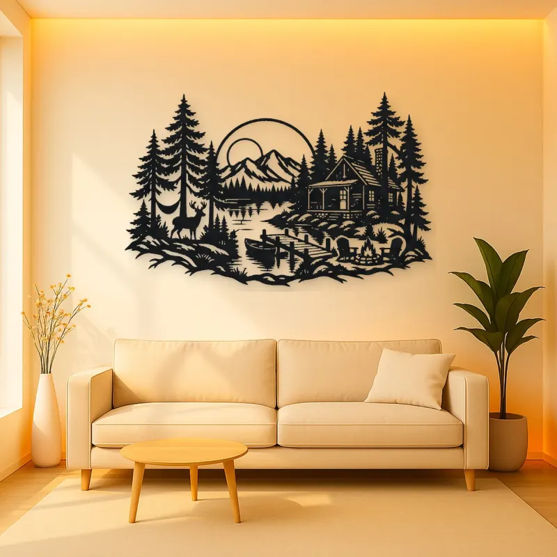 Lakeside Forest Cabin Metal Wall Art | Nature Silhouette Decor