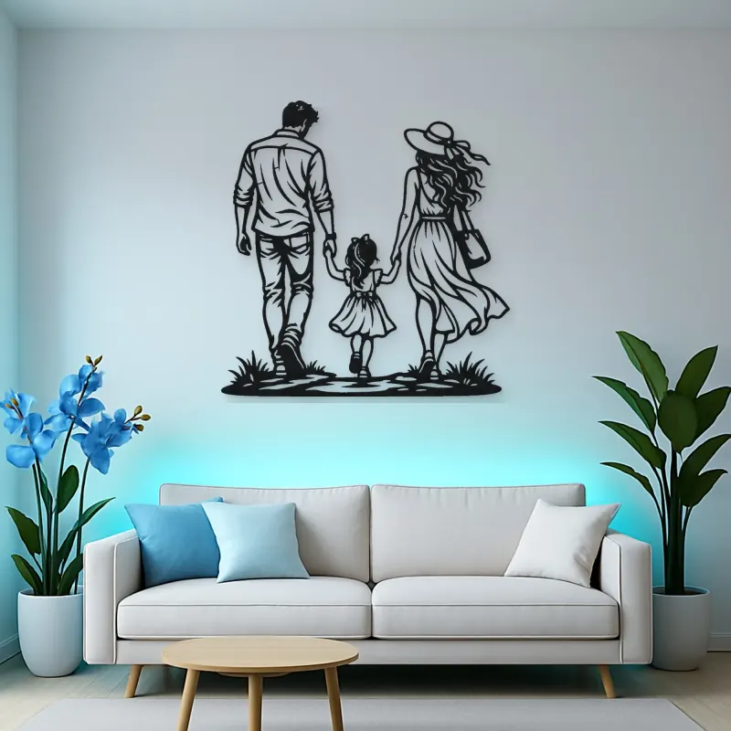 Family of Three Walk Metal Wall Art | Family Silhouette Decor