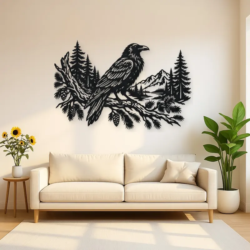Raven Forest Branch Metal Wall Art | Wildlife Silhouette Decor