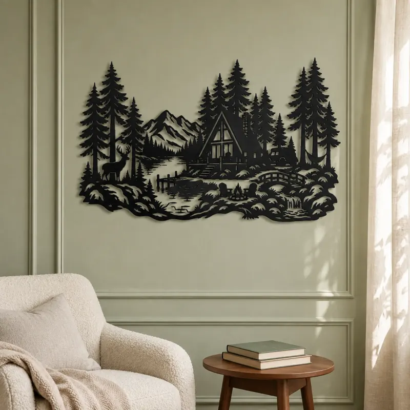 A-Frame Cabin Woods Metal Wall Art | Nature Silhouette Decor - lifestyle view 2