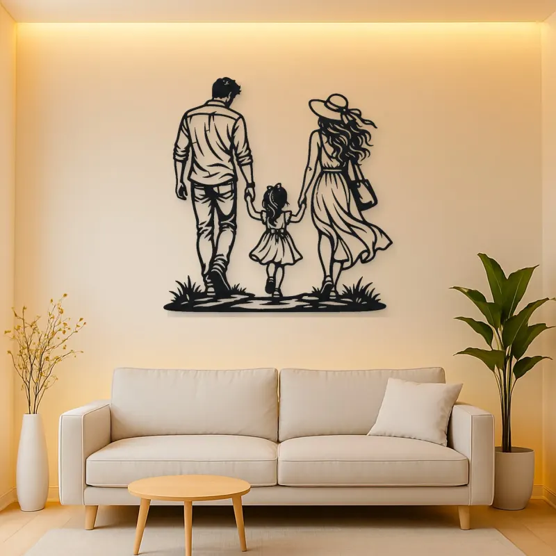 Family of Three Walk Metal Wall Art | Family Silhouette Decor
