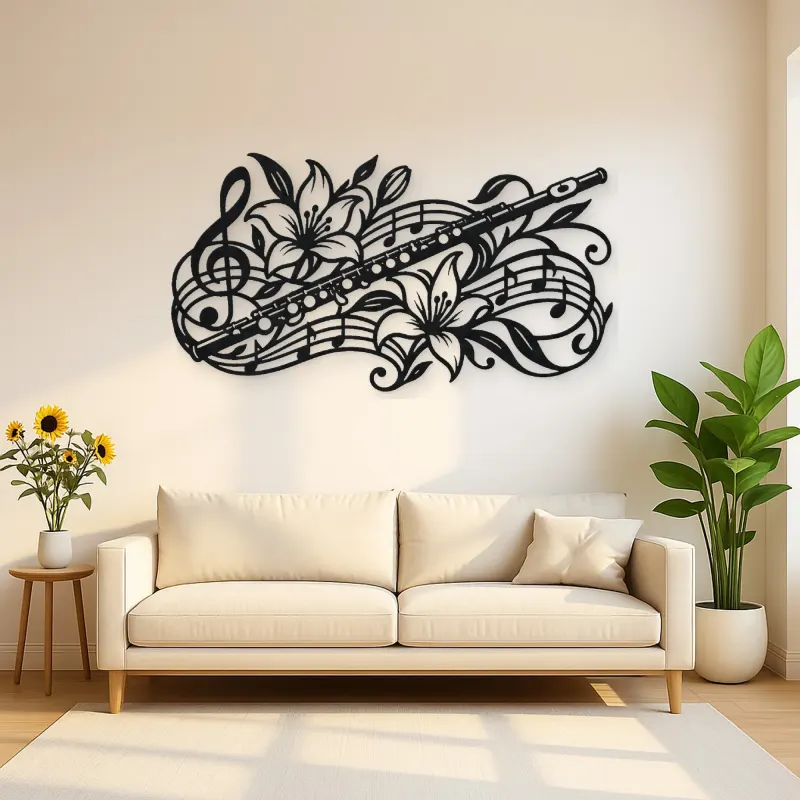 Flute Botanical Line Metal Wall Art | Music Room Wall Decor