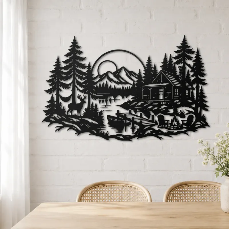 Lakeside Forest Cabin Metal Wall Art | Nature Silhouette Decor - lifestyle view 4