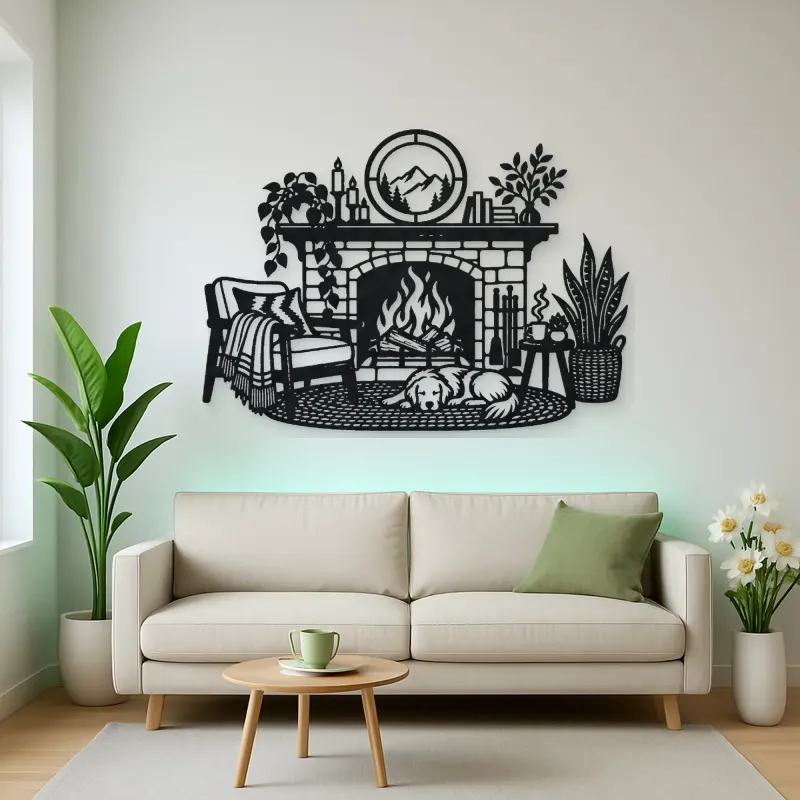 Modern Fireplace Scene Metal Wall Art | Cozy Home Metal Decor