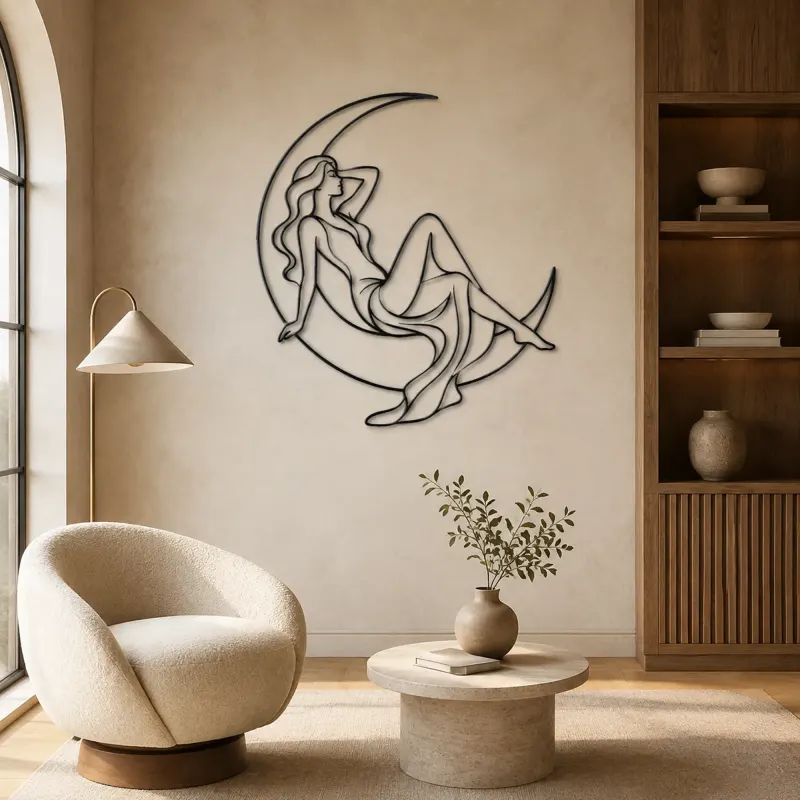 Crescent Reclining Figure Metal Wall Art | Celestial Woman Wall Decor - lifestyle view 5