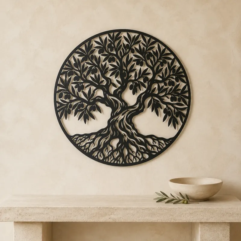 Olive Tree Circle Metal Wall Art | Botanical Metal Wall Decor - lifestyle view 3