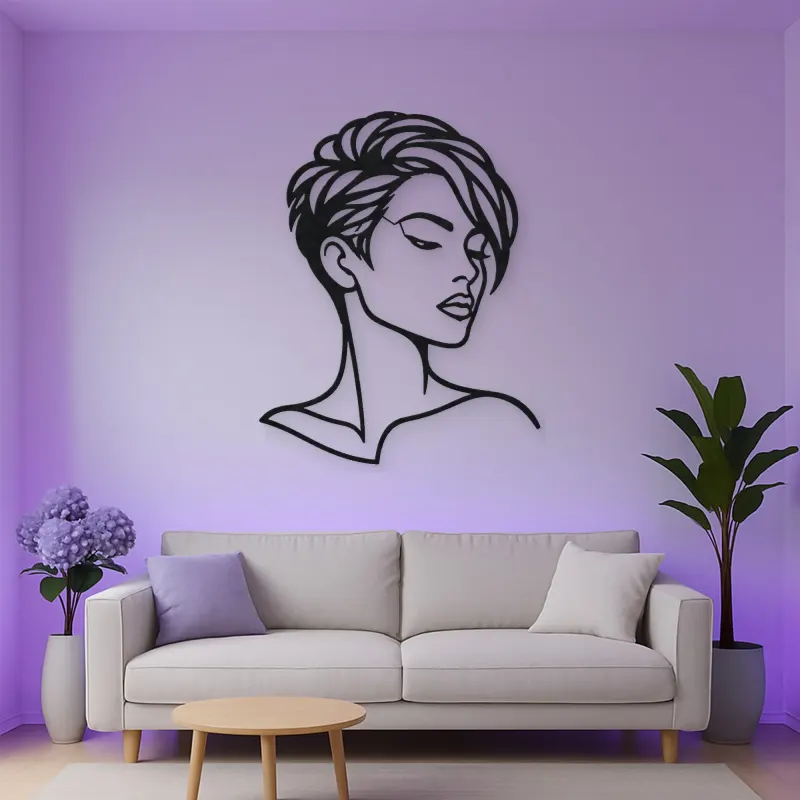 Short Hair Modern Face Metal Wall Art | Minimalist Woman Line Art