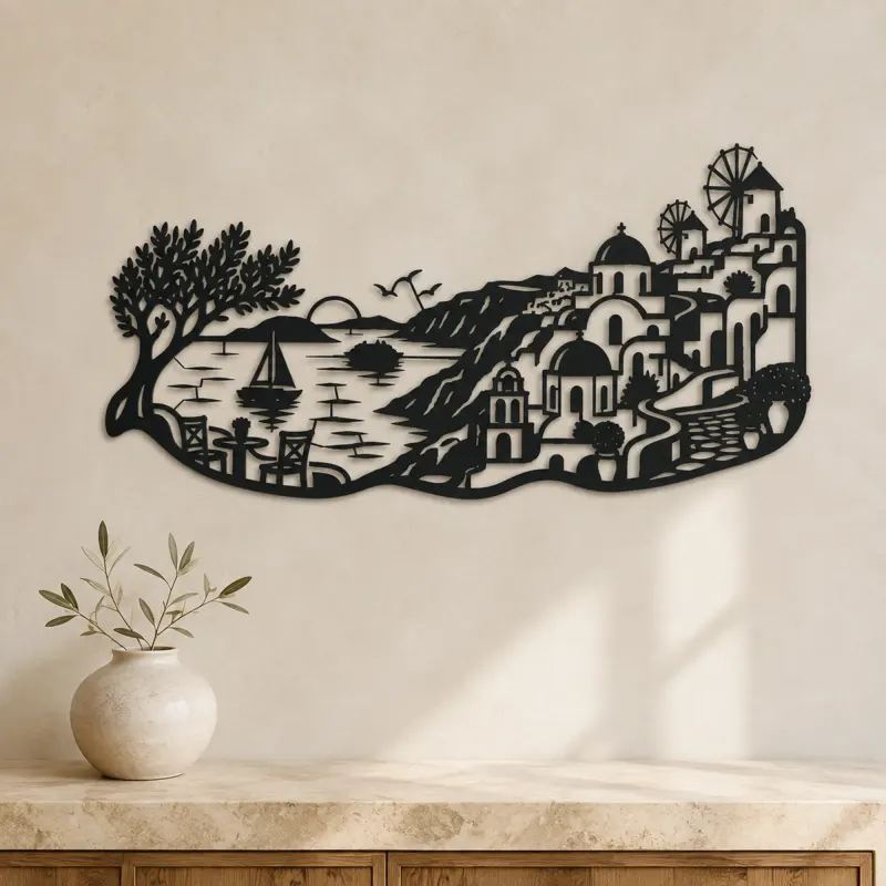 Santorini Coastal Line Metal Wall Art | Travel and City Wall Decor - lifestyle view 3