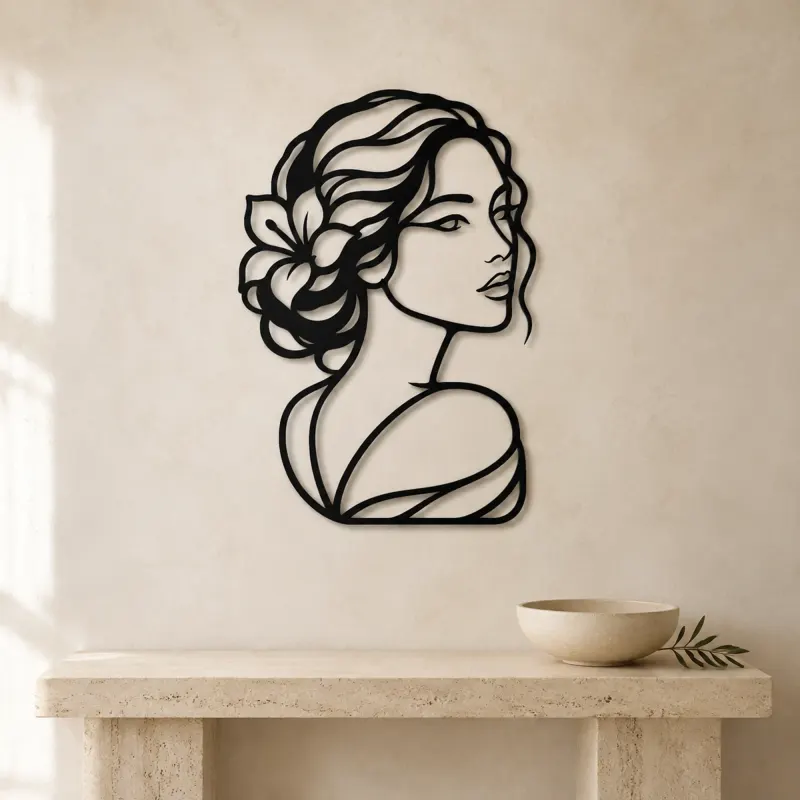 Calm Side Glance Metal Wall Art | Minimalist Woman Line Art - lifestyle view 3