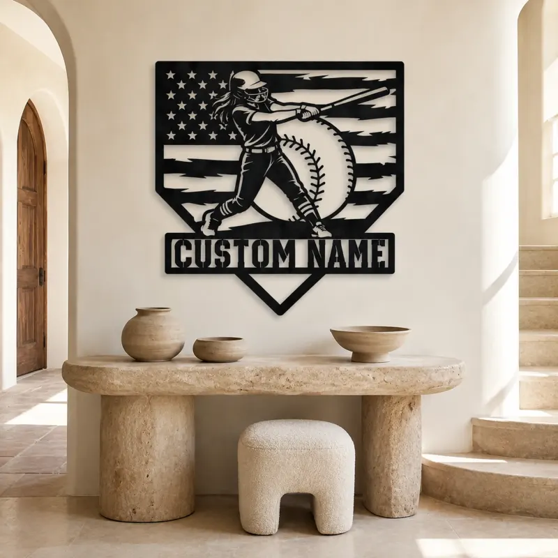 Personalized Female Softball Power Swing American Flag Metal Wall Art - lifestyle view 3
