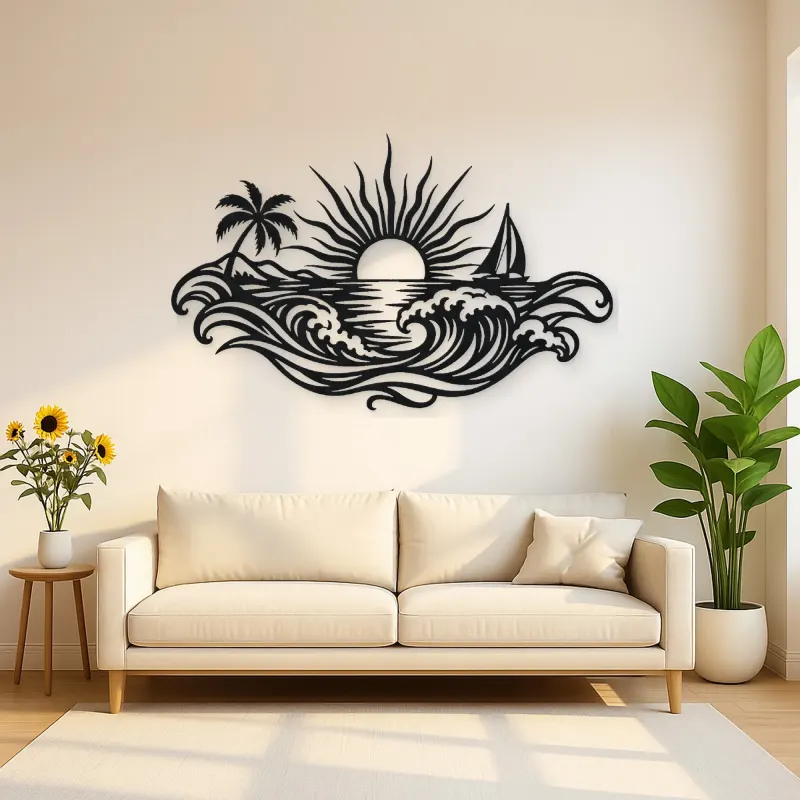 Rising Sun over Waves Metal Wall Art | Celestial Boho Wall Decor