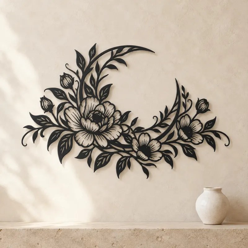 Floral Moon Arc Metal Wall Art | Botanical Metal Wall Decor - lifestyle view 3