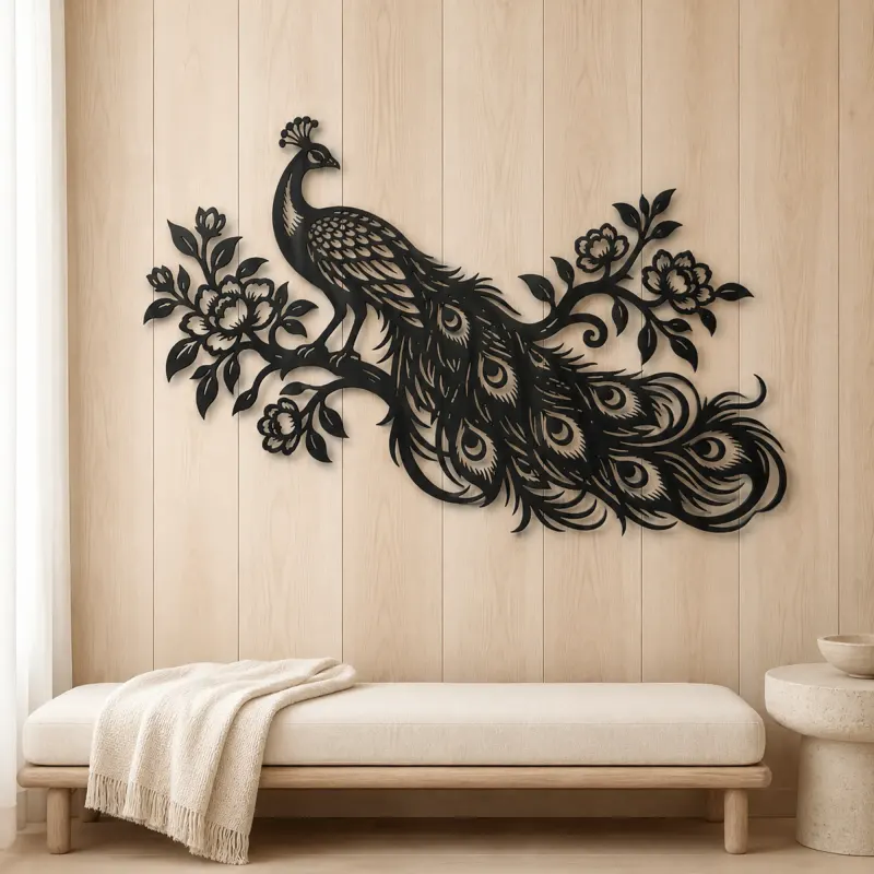 Peacock Feather Flow Metal Wall Art | Wildlife Silhouette Decor - lifestyle view 5