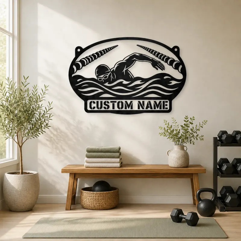 Personalized Freestyle Swimmer Metal Wall Art with Pool Lanes - lifestyle view 4