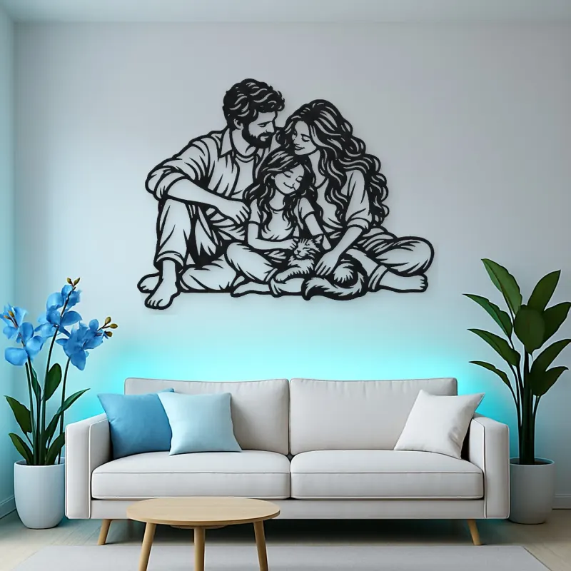 Family with Cat Metal Wall Art | Pet Lover Silhouette Decor