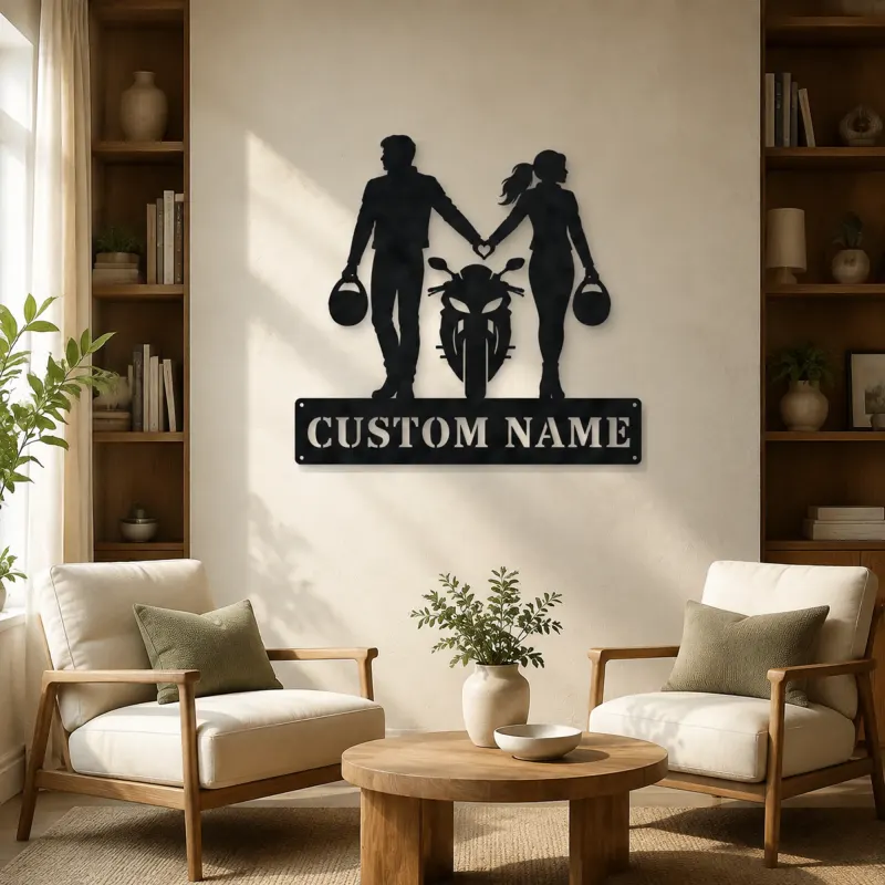 Personalized Helmet Holding Motorcycle Couple Metal Wall Art - lifestyle view 4