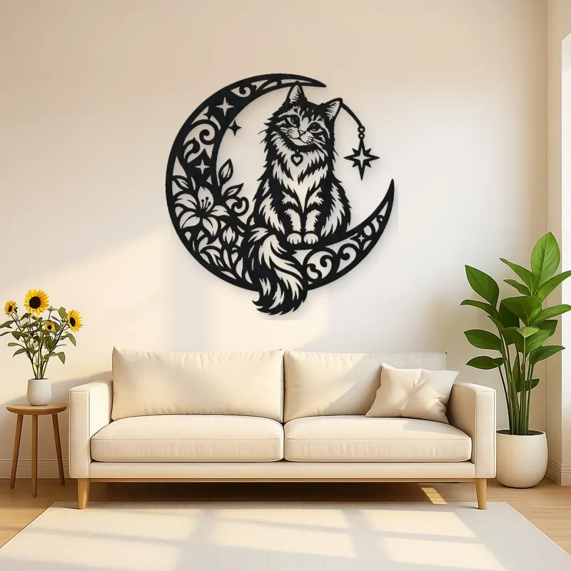 Cat on Moon Arc Metal Wall Art | Pet Lover Silhouette Decor