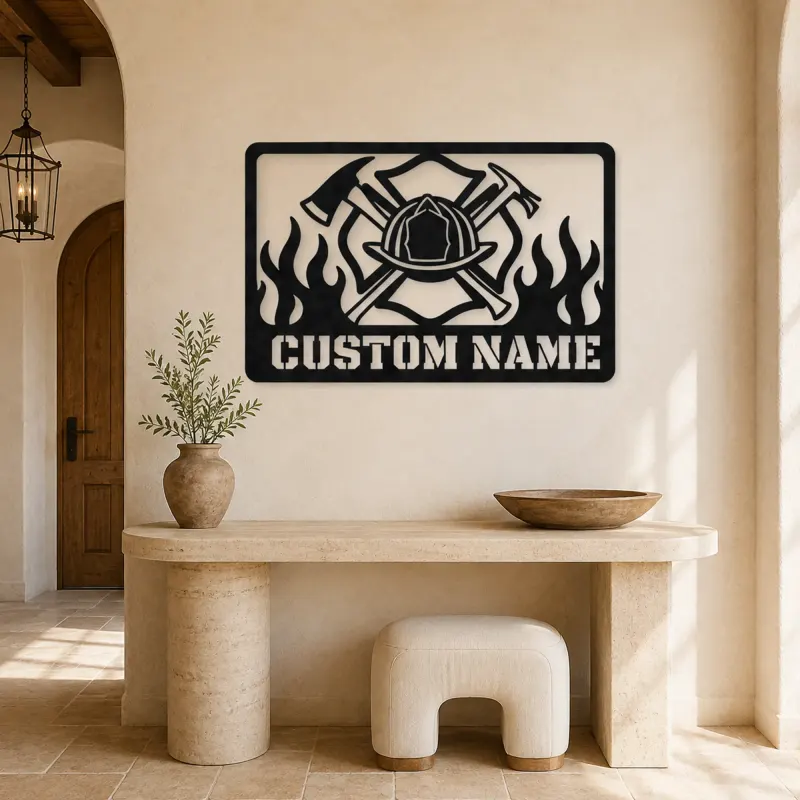 Personalized Firefighter Helmet Metal Wall Art with Flames - lifestyle view 3