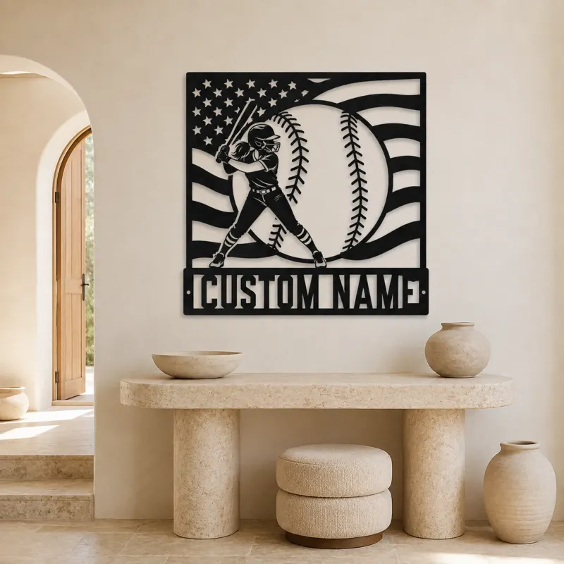 Personalized Softball Player and American Flag Metal Wall Art - lifestyle view 3