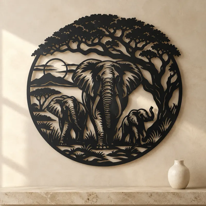 Elephant Tree Circle Metal Wall Art | Wildlife Silhouette Decor - lifestyle view 3