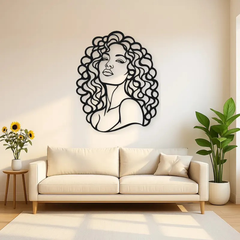 Curly Hair Portrait Metal Wall Art | Minimalist Woman Line Art