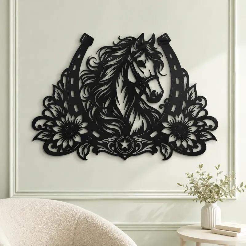 Horse Shoe Floral Metal Wall Art | Equestrian Wall Decor - lifestyle view 2